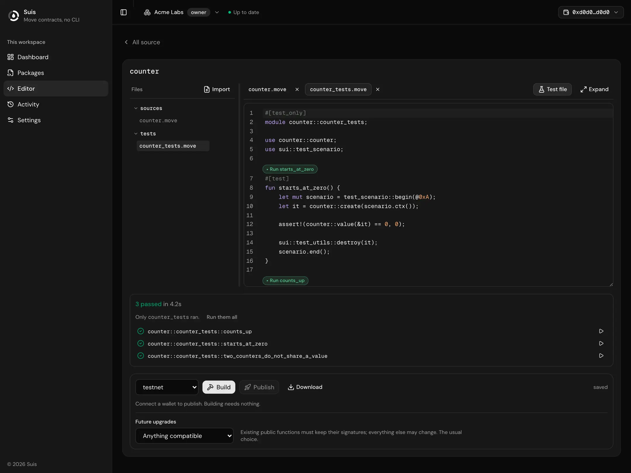 A package, its tests, and the run